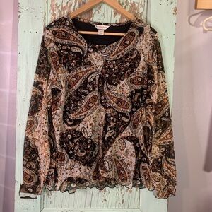 Women’s Christopher & Banks black and brown paisley blouse with ruffle trim